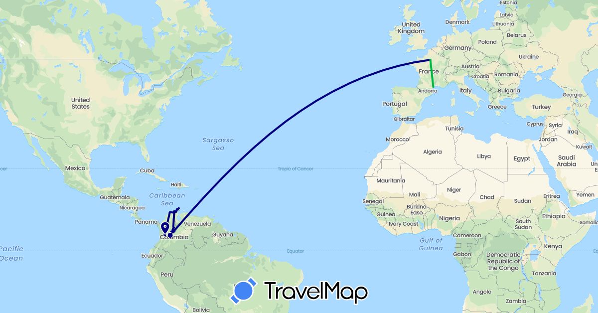 TravelMap itinerary: driving, bus in Colombia, France (Europe, South America)